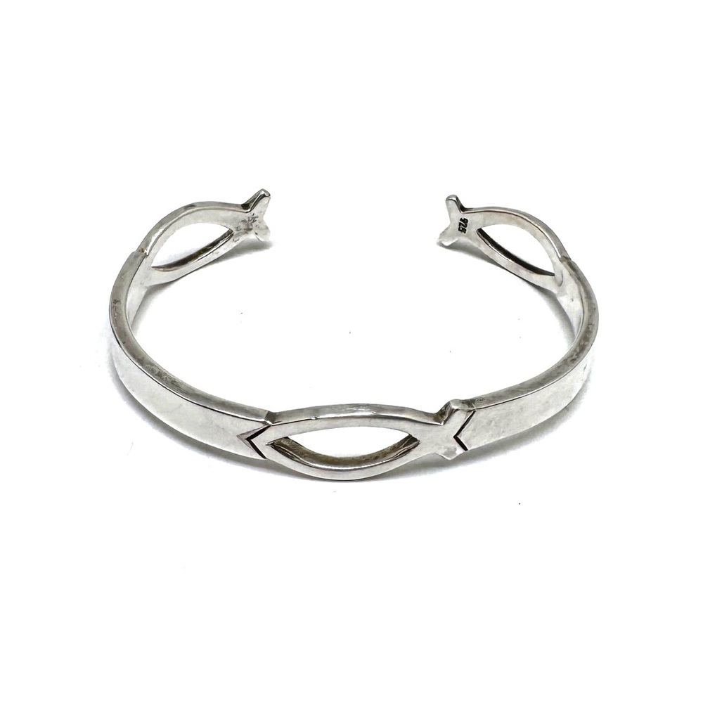 Sterling Silver Ichthys Cuff Bracelet Modern Openwork Christian Fish Motif